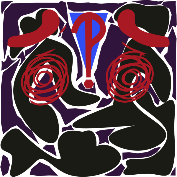 Scribbled and concerned eyes with eyebrows in red. Between the eyes is a red interrobang layered over a blue exclamation mark. The background is made of black blobs and purple jagged figures.
